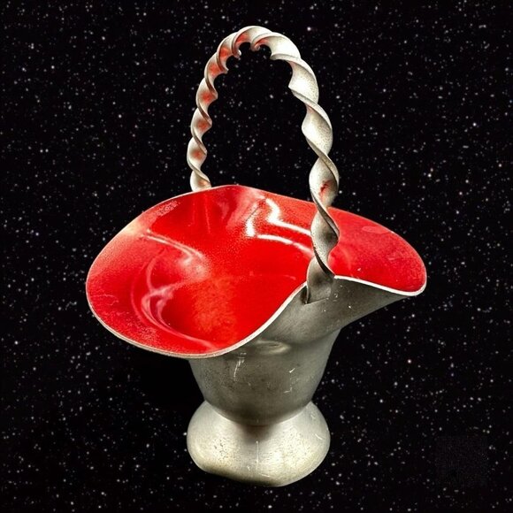 Vintage Norway Mid Century Modern Pewter Small Basket Red Metal Enameled 4”T - Picture 3 of 11